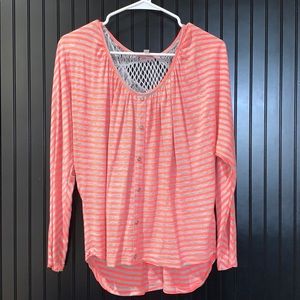 Neon orange & gray GB crocheted back shirt
